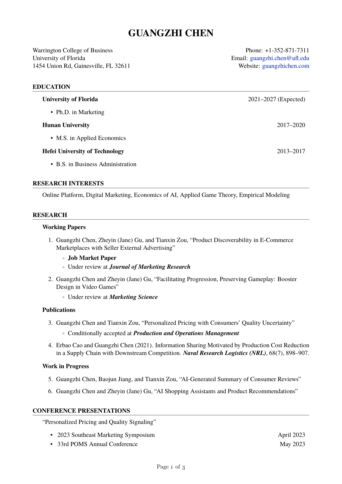 Guangzhi Chen CV page 1